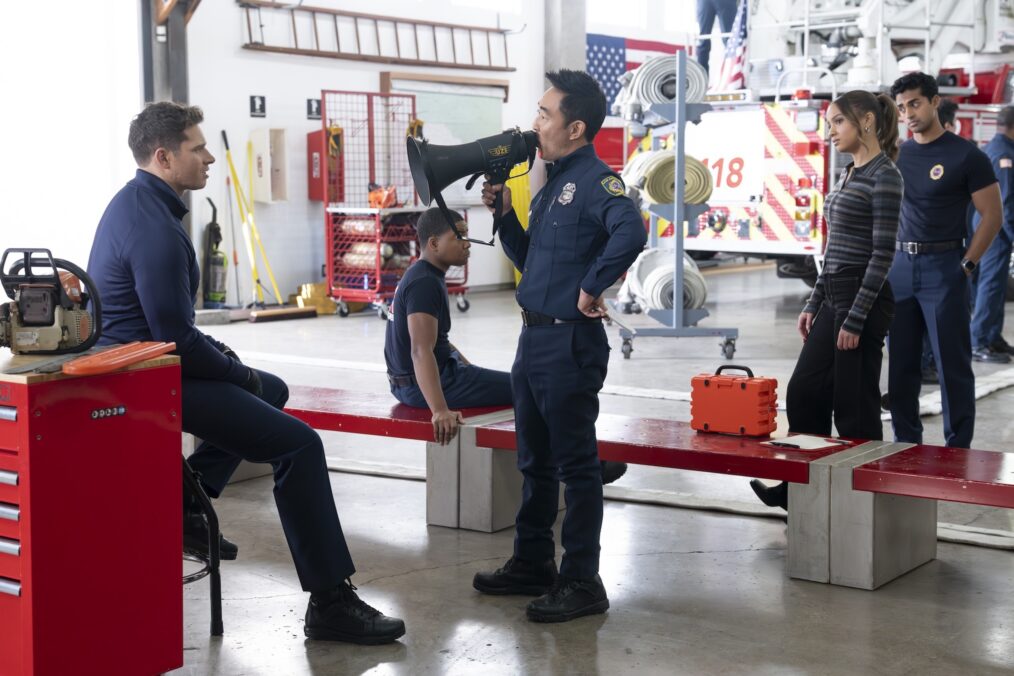 Oliver Stark as Buck, Elijah M. Cooper as Harry, Kenneth Choi as Chimney, Corinne Massiah as May, and Anirudh Pisharody as Ravi — '9-1-1' Season 9 Episode 11 