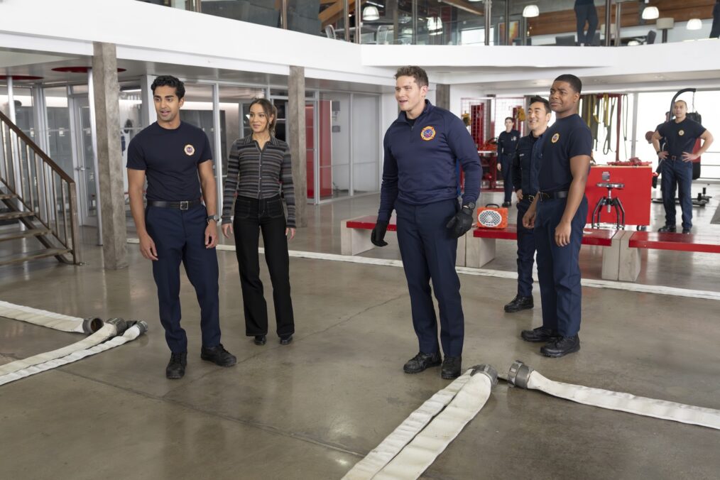 Anirudh Pisharody as Ravi, Corinne Massiah as May, Oliver Stark as Buck, Kenneth Choi as Chimney, and Elijah M. Cooper as Harry — '9-1-1' Season 9 Episode 11 
