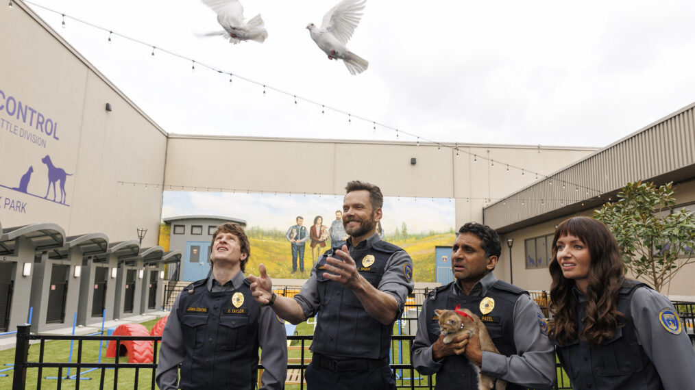 ANIMAL CONTROL: L-R: Michael Rowland, Joel McHale, Ravi Patel and Grace Palmer in the 'Donkeys & Weasels' episode of ANIMAL CONTROL airing Thursday, Mar. 5 (9:01-9:31 PM ET/PT) on FOX. © 2026 Fox Media LLC. CR: Bettina Strauss/FOX.