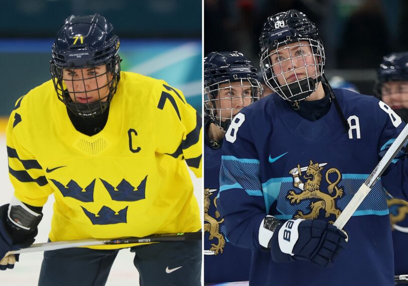 Anna Kjellbin (left) and Ronja Savolainen (right) playing hockey during the 2026 Winter Olympics