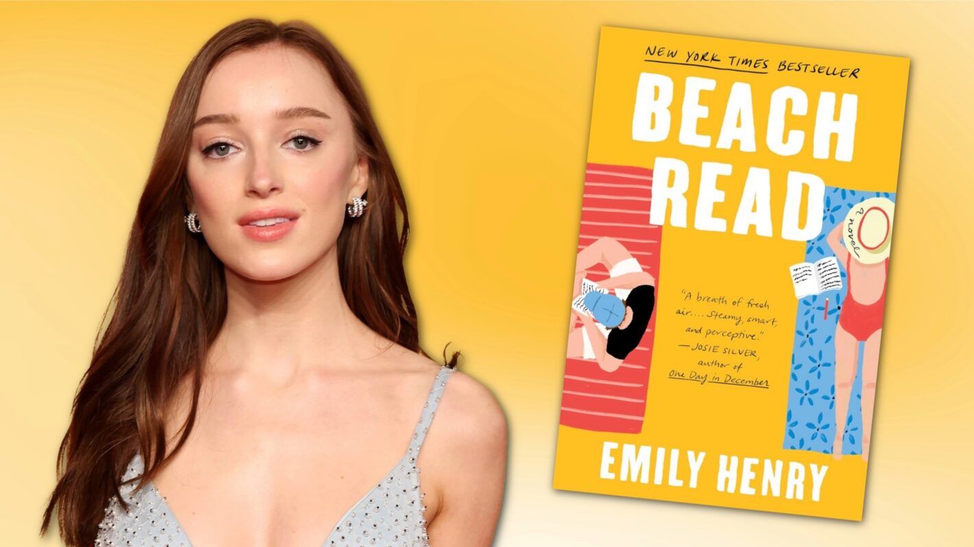 Phoebe Dynevor next to 'Beach Read' cover