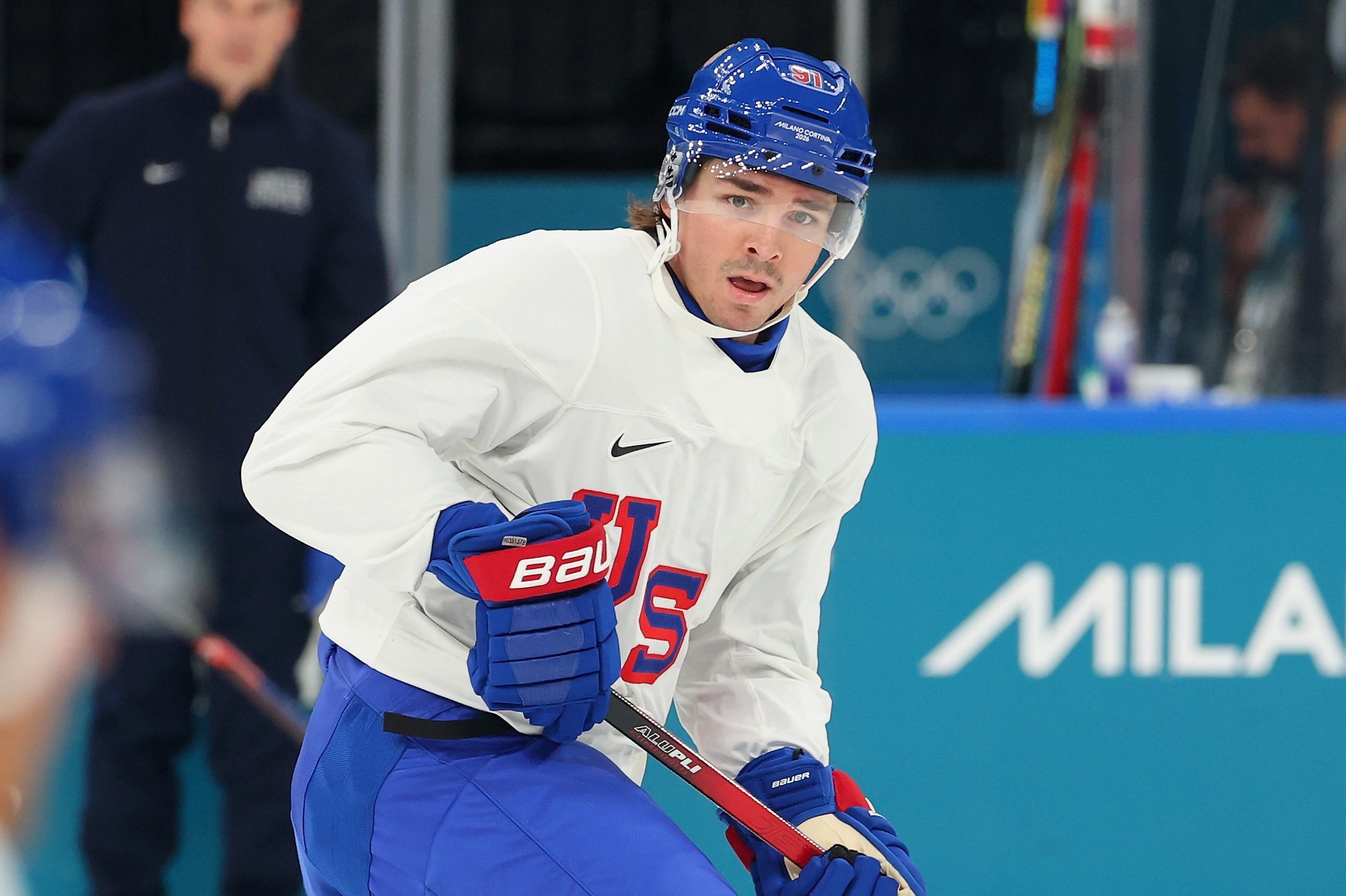 Clayton Keller #91 of Team United States takes part during training on day two of the Milano Cortina 2026 Winter Olympic games at Milano Santagiulia Ice Hockey Arena on February 08, 2026 in Milan, Italy.