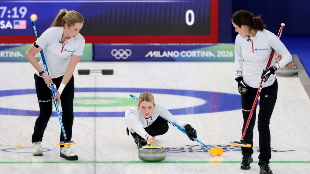 CORTINA D'AMPEZZO, ITALY - FEBRUARY 12: Cory Thiesse, Taylor Anderson-Heide and Aileen Geving of Team United States compete during the Women's Round Robin match between Sweden and United States on day six of the Milano Cortina 2026 Winter Olympic games at Cortina Curling Olympic Stadium on February 12, 2026 in Cortina d'Ampezzo, Italy. (Photo by Ezra Shaw/Getty Images)