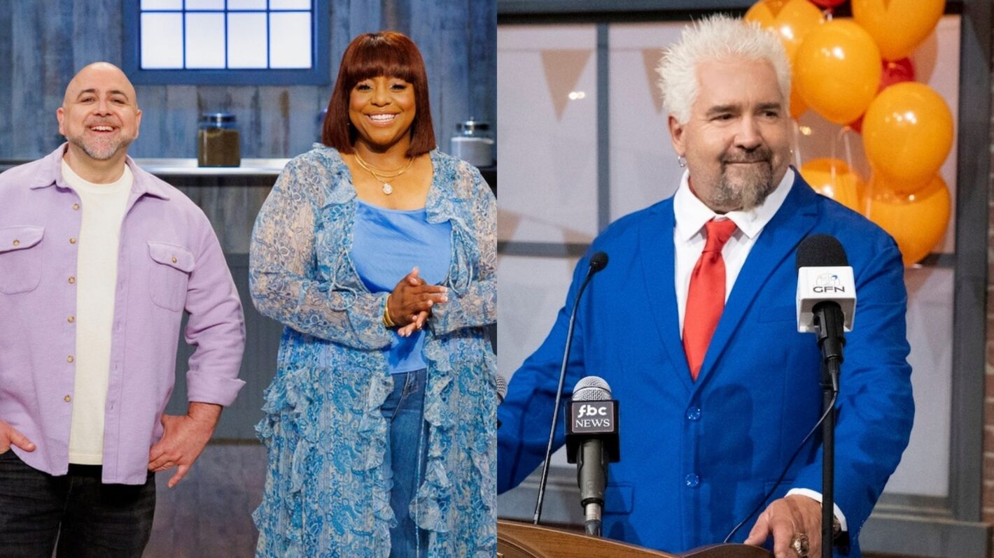 Duff Goldman and Kardea Brown on Season 1 of Food Network's 'Baking Championship: Next Gen,' 2026; Guy Fieri on Season 1 of Food Network's 'Flavortown Food Fight,' 2026.