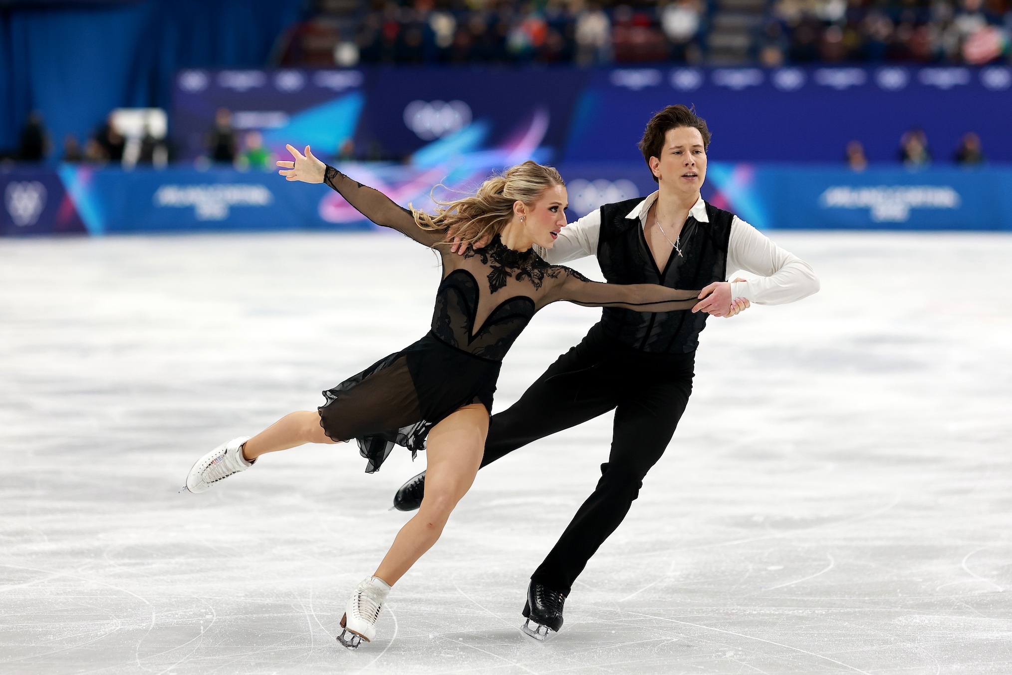Emilea Zingas and partner Vadym Kolesnik of Team United States compete in the Ice Dance - Free Dance on day five of the Milano Cortina 2026 Winter Olympic games at Milano Ice Skating Arena on February 11, 2026 in Milan, Italy.