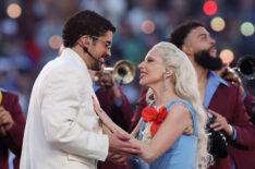 SANTA CLARA, CALIFORNIA - FEBRUARY 08: Bad Bunny and Lady Gaga perform onstage during the Apple Music Super Bowl LX Halftime Show at Levi's Stadium on February 08, 2026 in Santa Clara, California. (Photo by Kevin C. Cox/Getty Images)