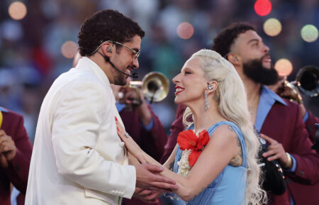 SANTA CLARA, CALIFORNIA - FEBRUARY 08: Bad Bunny and Lady Gaga perform onstage during the Apple Music Super Bowl LX Halftime Show at Levi's Stadium on February 08, 2026 in Santa Clara, California. (Photo by Kevin C. Cox/Getty Images)