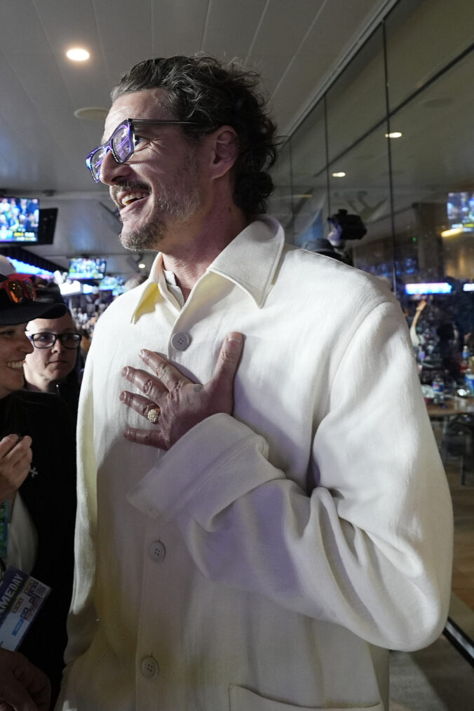 SANTA CLARA, CALIFORNIA - FEBRUARY 08: Pedro Pascal is seen in the stands during Super Bowl LX between the Seattle Seahawks and the New England Patriots at Levi's Stadium on February 08, 2026 in Santa Clara, California. (Photo by Thearon W. Henderson/Getty Images)