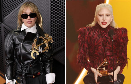 Miley Cyrus attends the 68th GRAMMY Awards on February 01, 2026 in Los Angeles, California. (Photo by Neilson Barnard/Getty Images for The Recording Academy); Lady Gaga accepts the Best Pop Vocal Album award for 