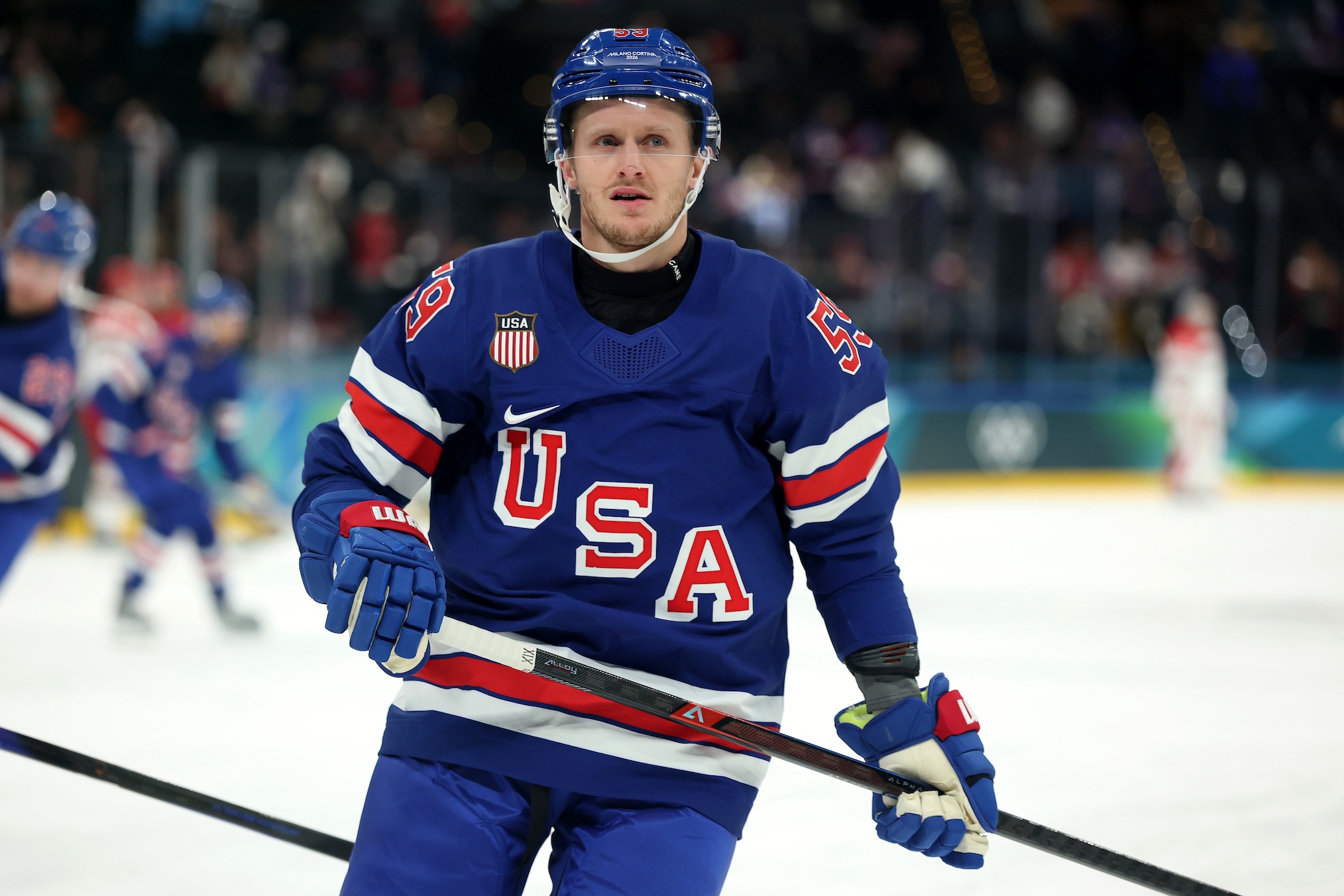 Jake Guentzel #59 of Team United States warms up before the Men's Preliminary Group C match between the United States and Denmark on day eight of the Milano Cortina 2026 Winter Olympic games at Milano Santagiulia Ice Hockey Arena on February 14, 2026 in Milan, Italy.