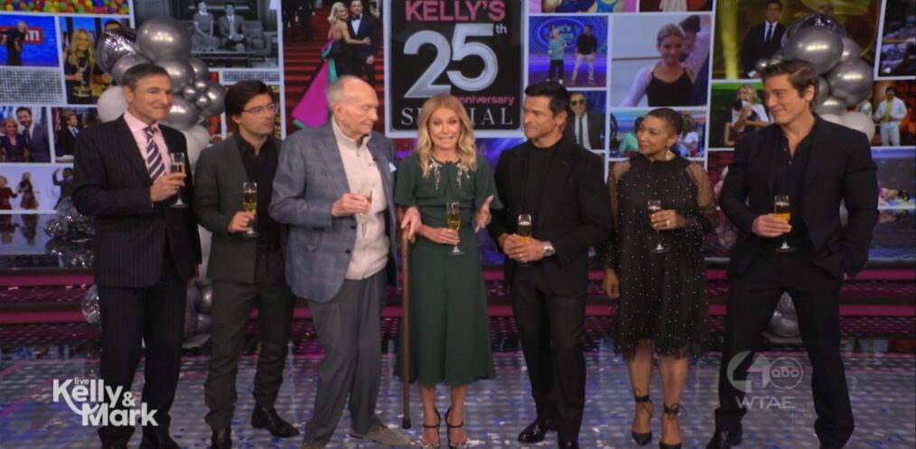 Michael Gelman, Michael Consuelos, Art Moore, Kelly, Ripa, Mark Consuelos, Déjà Vu, and David Muir on the February 20, 2026, episode of 'Live With Kelly and Mark.'