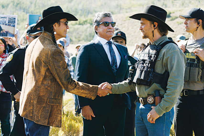 "Piya Wiconi" -- Kayce Dutton reunites with an old SEAL teammate and aids his Marshal unit in hunting down a bomber targeting Broken Rock Reservation. The trail leads to a dangerous encounter with an armed anti-government militia on the series premiere of MARSHALS, Sunday, March 1 (8:00-9:00 PM, ET/PT). Pictured (L-R): Mo Brings Plenty, Gil Birmingham as Thomas Rainwater, and, Luke Grimes as Kayce Dutton.