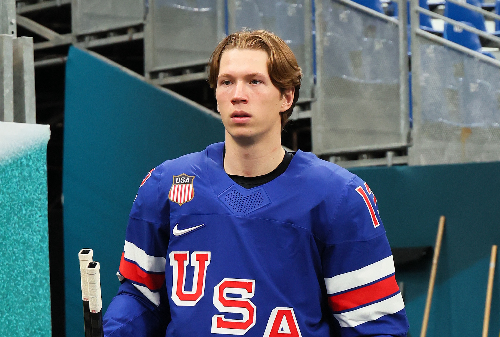 Matt Boldy #12 of Team United States is seen prior to training on day three of the Milano Cortina 2026 Winter Olympic games at Milano Santagiulia Ice Hockey Arena on February 09, 2026 in Milan, Italy.