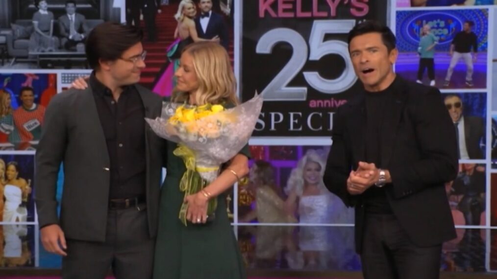Michael Consuelos, Kelly Ripa, and Mark Consuelos on the February 20, 2026, episode of ABC's 'Live With Kelly and Mark.'