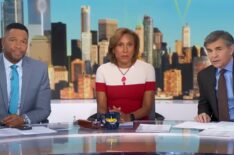 Michael Strahan, Robin Roberts, and George Stephanopoulos on the February 5, 2026, episode of ABC's 'Good Morning America.'