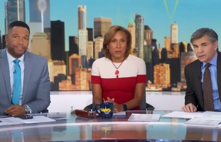 Michael Strahan, Robin Roberts, and George Stephanopoulos on the February 5, 2026, episode of ABC's 'Good Morning America.'