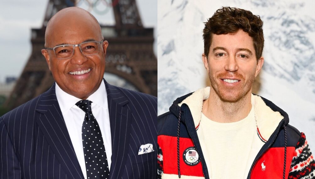 Mike Tirico attends the red carpet ahead of the opening ceremony of the Olympic Games Paris 2024 on July 26, 2024 in Paris, France; Shaun White attends the Shaun White X Ralph Lauren Winter Olympics Marquee Event at Macy's Herald Square on January 24, 2026 in New York City.