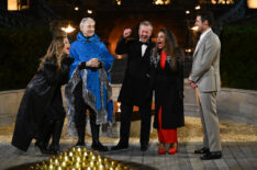 THE TRAITORS -- 'The Day of Reckoning is Upon Us' Episode 311 -- Pictured: (l-r) Gabby Windey, Alan Cumming, Lord Ivar Mountbatten, Dolores Catania, Dylan Efron -- (Photo by: Euan Cherry/Peacock)