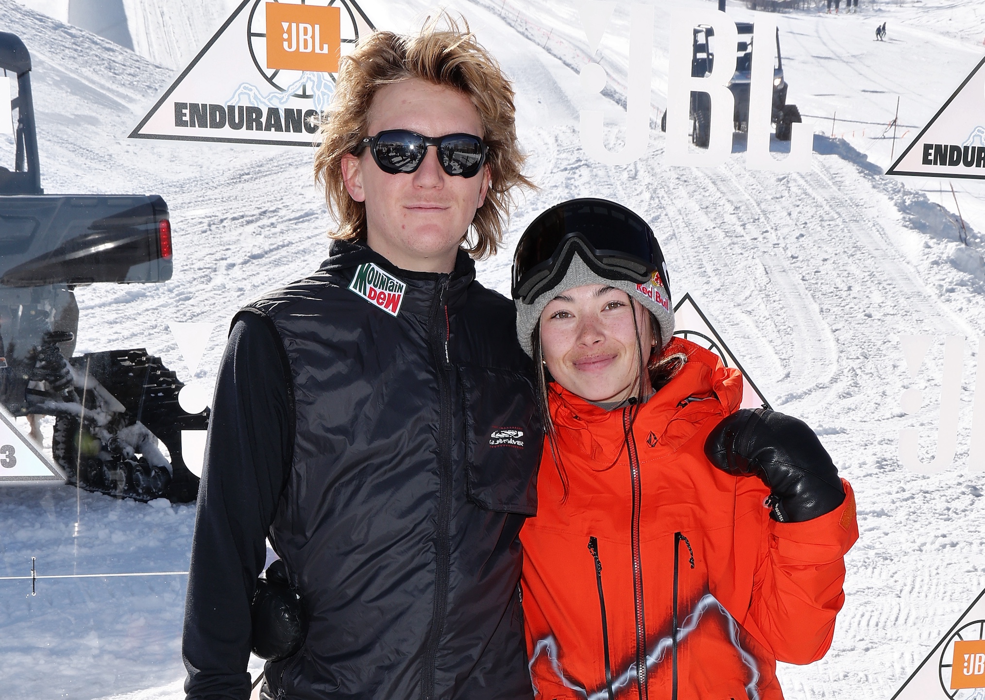 Professional snowboarders Red Gerard and Hailey Langland at JBL Peaks on Peaks, a first-of-its-kind snowboarding event celebrating the JBL Endurance Peak 3 launch at Park City Mountain on February 18, 2023 in Park City, Utah.