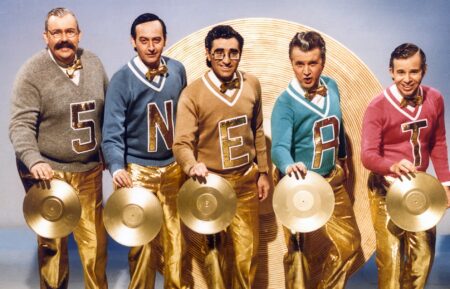 SCTV (aka SECOND CITY TV), from left: John Candy, Joe Flaherty, Eugene Levy, Dave thomas, Rick Moranis, 1976-81.