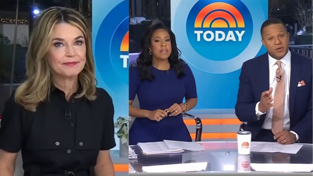 Savannah Guthrie on the December 19, 2025, episode of NBC's 'Today'; Sheinelle Jones and Craig Melvin on the February 3, 2026, episode of NBC's 'Today.'