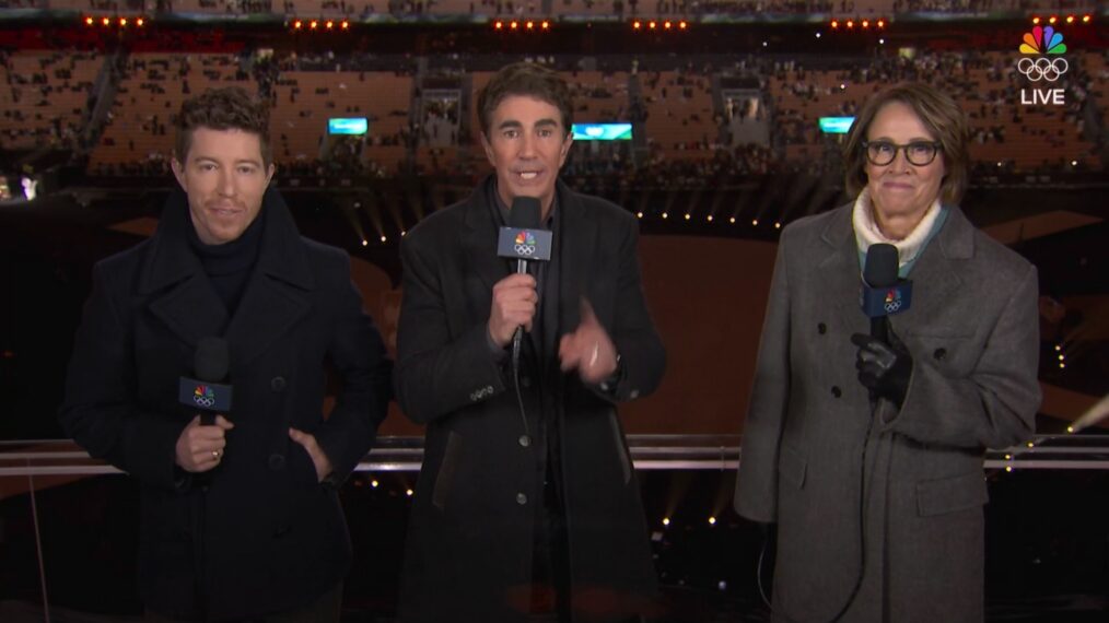 Shaun White, Terry Gannon, and Mary Carillo, 2026 Winter Olympics Opening Ceremony, NBC, February 6, 2026.