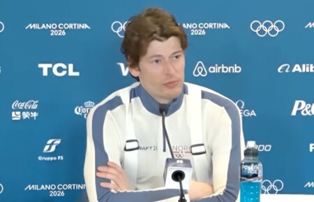 Sturla Holm Lægreid at a 2026 Winter Olympics press conference, February 10, 2026.
