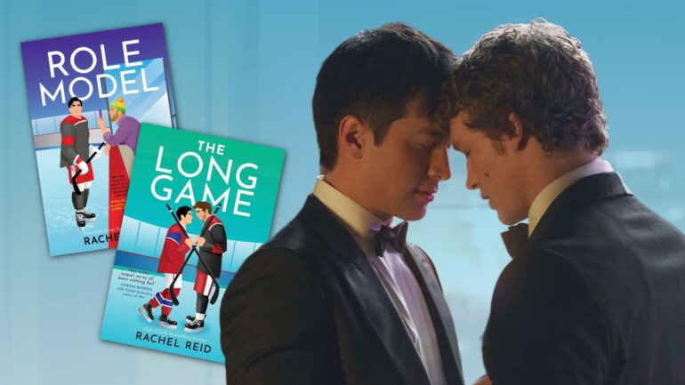 Shane and Ilya in 'Heated Rivalry' next to Rachel Reid's 'Role Model' and 'The Long Game' book covers