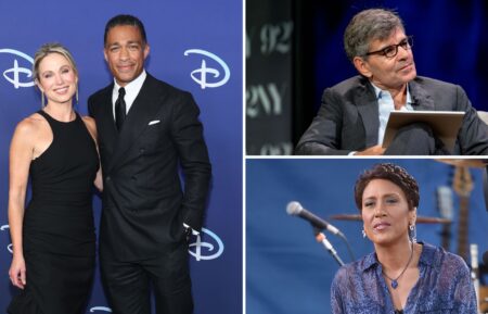 Amy Robach and T.J. Holmes attend the 2022 ABC Disney Upfront at Pier 36 on May 17, 2022, in New York City; George Stephanopoulos speaks at the 92nd Street Y on September 12, 2023, in New York City; Robin Roberts films 'Good Morning America' at Central Park on July 13, 2012, in New York City