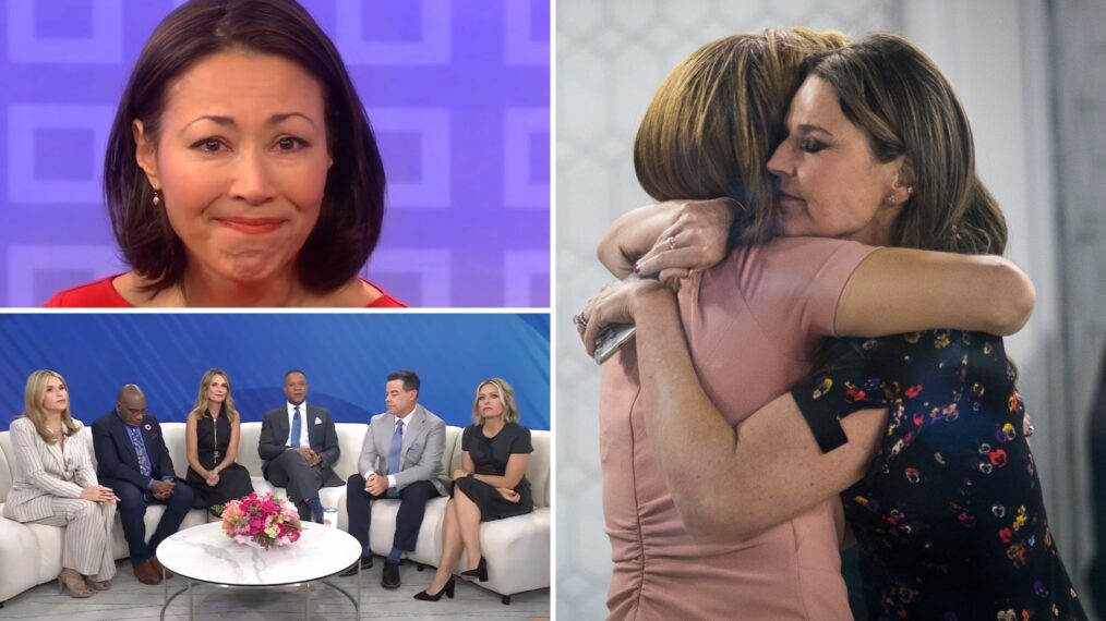 Ann Curry announcing her exit in 2012, Hoda Kotb and Savannah Guthrie hugging following Matt Lauer's firing in 2017, and the 'Today' stars announcing the death of Sheinelle Jones' husband in 2025
