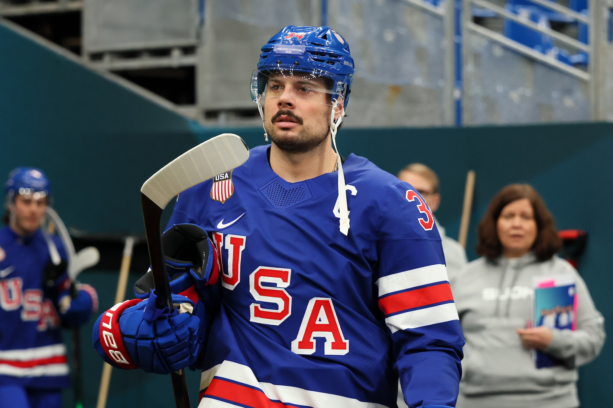 Auston Matthews #34 of Team United States is seen prior to training on day three of the Milano Cortina 2026 Winter Olympic games at Milano Santagiulia Ice Hockey Arena on February 09, 2026 in Milan, Italy