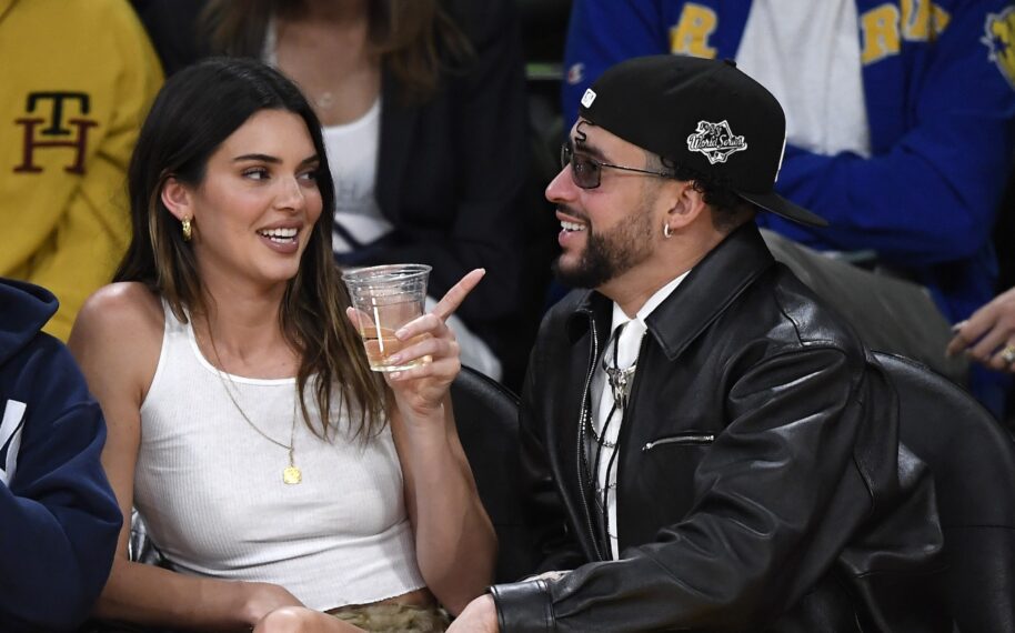 Kendall Jenner and Bad Bunny attend the Western Conference Semifinal Playoff game between the Los Angeles Lakers and Golden State Warriors at Crypto.com Arena on May 12, 2023 in Los Angeles, California.