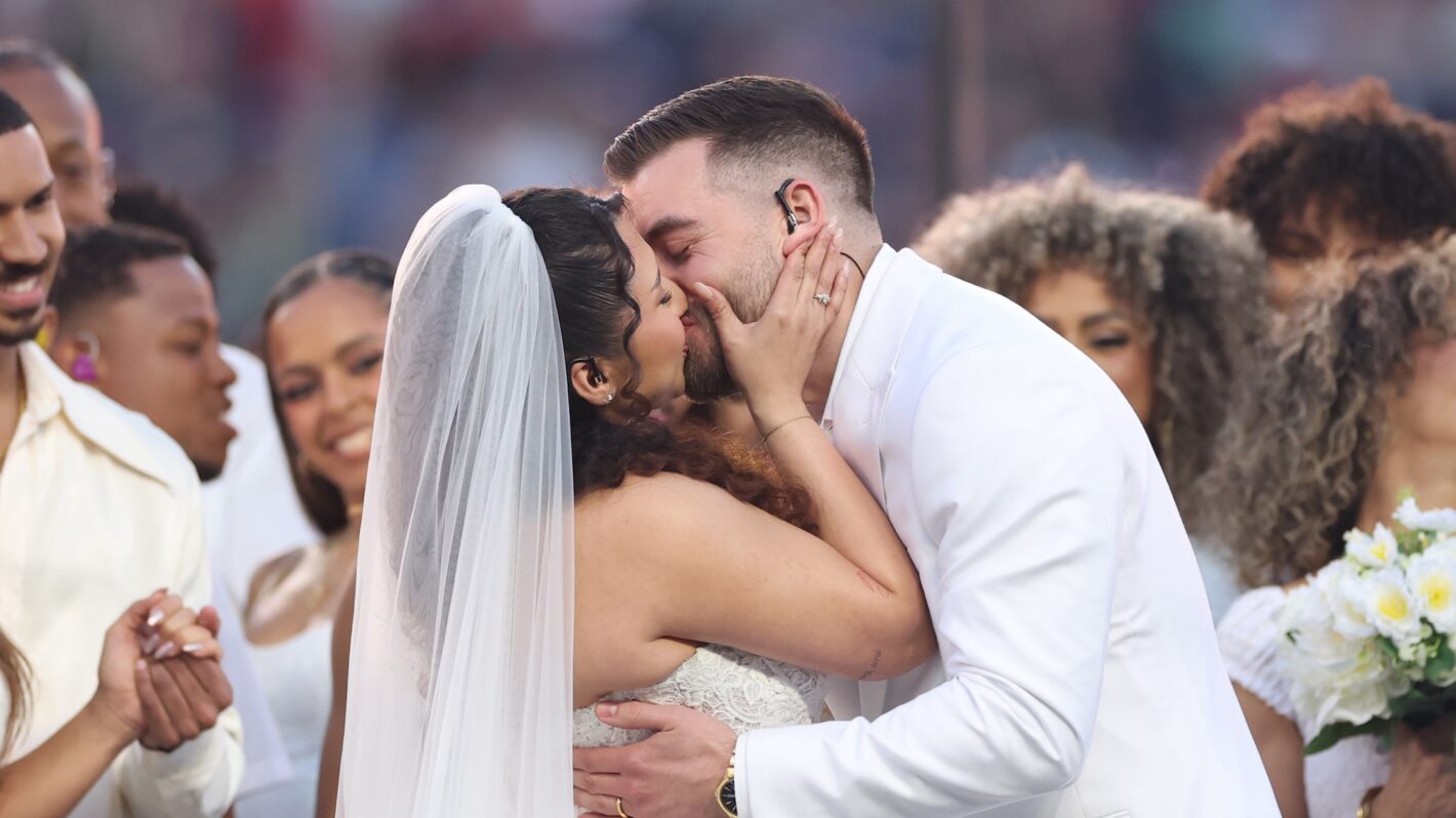A couple marries during the Bad Bunny performance onstage at the Apple Music Super Bowl LX Halftime Show at Levi's Stadium on February 08, 2026 in Santa Clara, California.