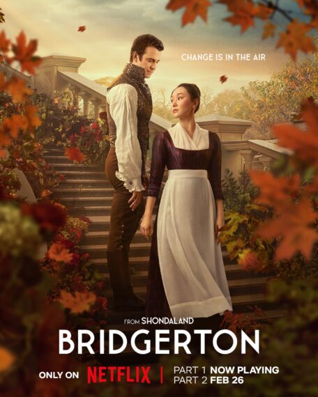 Luke Thompson and Yerin Ha in the poster for 'Bridgerton' Season 4, Part 2