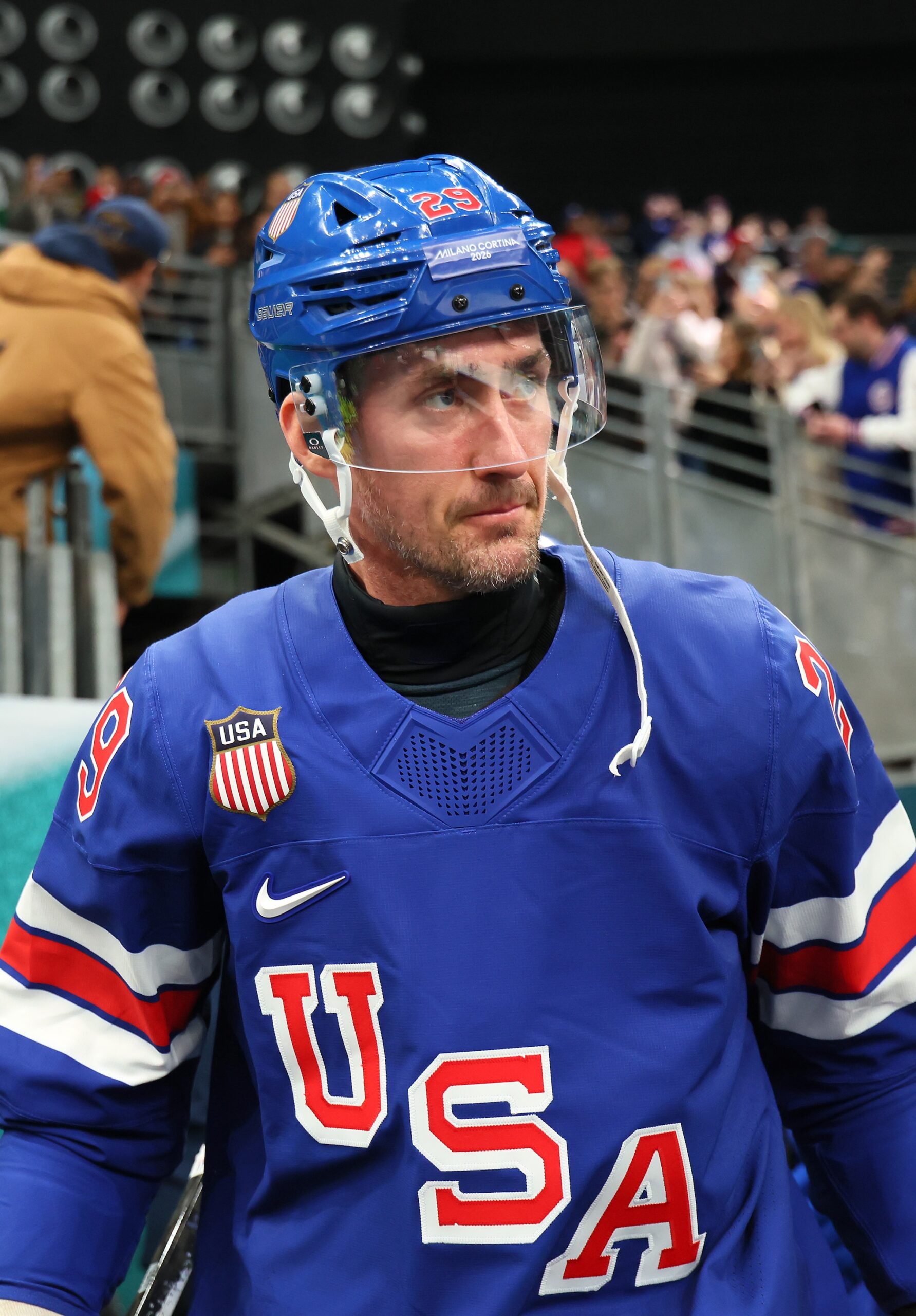 Brock Nelson #29 of Team United States walks to the ice before the Men's Preliminary Group C match between the United States and Denmark on day eight of the Milano Cortina 2026 Winter Olympic games at Milano Santagiulia Ice Hockey Arena on February 14, 2026 in Milan, Italy.