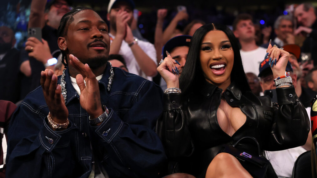 NFL Player Stefon Diggs and rapper Cardi B sits court-side during the first quarter in Game Four of the Eastern Conference Second Round NBA Playoffs