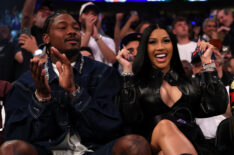 NFL Player Stefon Diggs and rapper Cardi B sits court-side during the first quarter in Game Four of the Eastern Conference Second Round NBA Playoffs