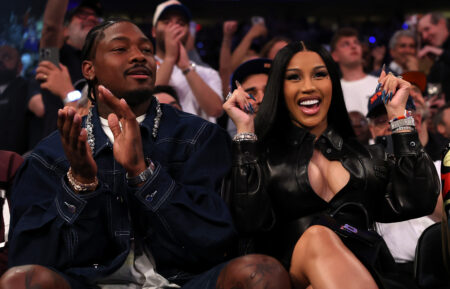 NFL Player Stefon Diggs and rapper Cardi B sits court-side during the first quarter in Game Four of the Eastern Conference Second Round NBA Playoffs