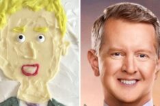 (left) 'Jeopardy!' host Ken Jennings as a cake, (right) Jennings on the 'Celebrity Jeopardy!' season 4 poster