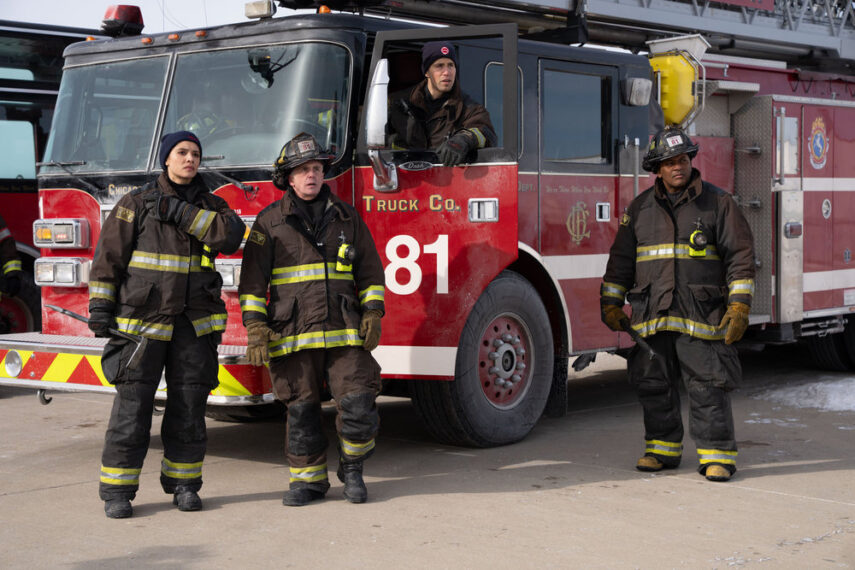 Miranda Rae Mayo as Stella Kidd, David Eigenberg as Christopher Herrmann, Brandon Larracuente as Sal Vasquez, Leroy Williams III as Ballard — One Chicago Crossover 2026, 'Chicago Fire' "Reckoning, Part 1"