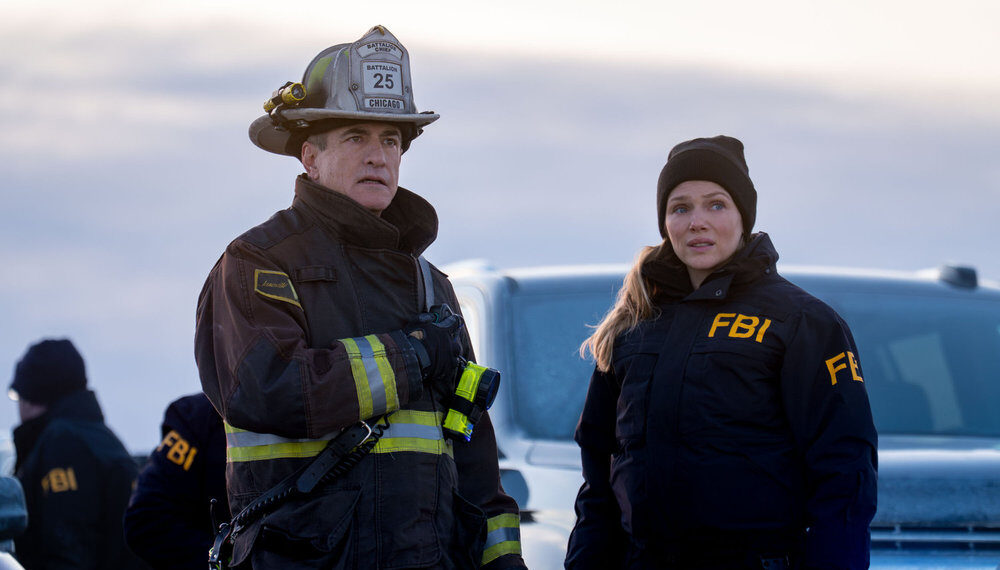 Dermot Mulroney as Chief Dom Pascal, Tracy Spiridakos as Hailey Upton — One Chicago Crossover 2026, 'Chicago Fire' 