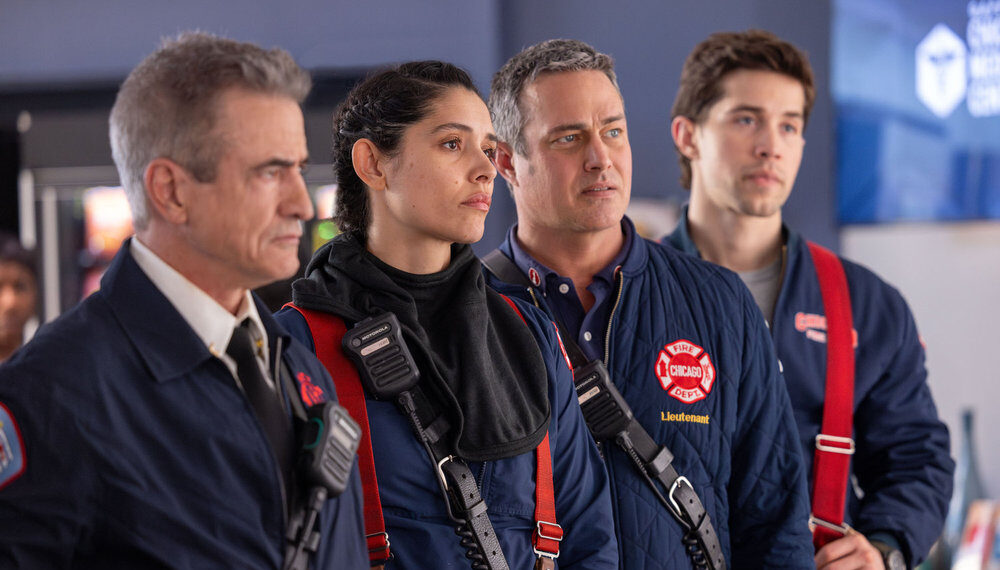 Dermot Mulroney as Dom Pascal, Miranda Rae Mayo as Stella Kidd, Taylor Kinney as Kelly Severide, Brandon Larracuente as Sal Vasquez — One Chicago Crossover 2026, 'Chicago Med' 