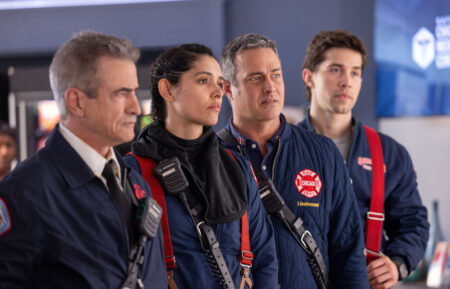 Dermot Mulroney as Dom Pascal, Miranda Rae Mayo as Stella Kidd, Taylor Kinney as Kelly Severide, Brandon Larracuente as Sal Vasquez — One Chicago Crossover 2026, 'Chicago Med' 