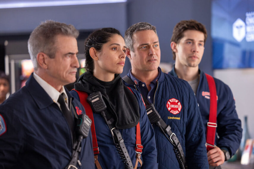 Dermot Mulroney as Dom Pascal, Miranda Rae Mayo as Stella Kidd, Taylor Kinney as Kelly Severide, Brandon Larracuente as Sal Vasquez — One Chicago Crossover 2026, 'Chicago Med' "Reckoning, Part 2"