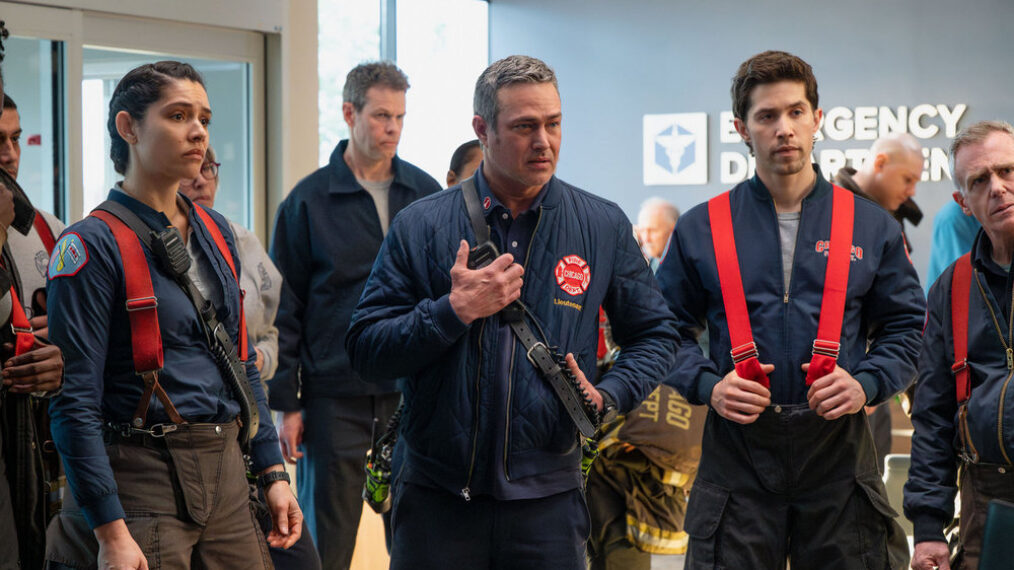 Miranda Rae Mayo as Stella Kidd, Taylor Kinney as Kelly Severide, Brandon Larracuente as Sal Vasquez — One Chicago Crossover 2026, 'Chicago P.D.' 