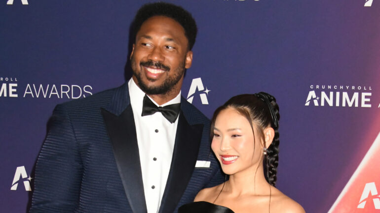 Player Myles Garrett and Snowboarder Chloe Kim attend the photocall for Crunchyroll Amine Awards 2025 Red Carpet at Grand Prince Hotel Takanawa on May 25, 2025