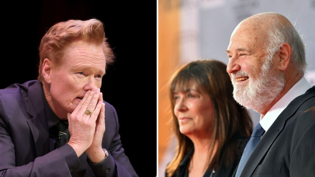 Conan O'Brien in a conversation with Stephen Colbert to benefit Montclair Film at New Jersey Performing Arts Center on December 7, 2025, in Newark, New Jersey; Michele and Rob Reiner at the 30th Anniversary Screening of 'When Harry Met Sally…' at the 2019 TCM Classic Film Festival on April 11, 2019, in Hollywood, California