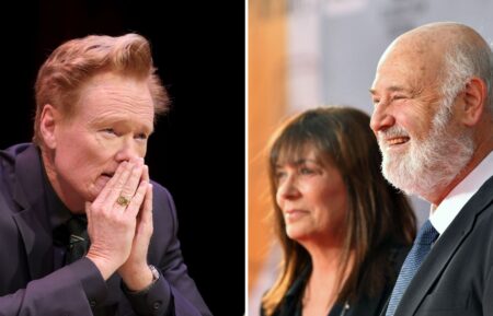 Conan O'Brien in a conversation with Stephen Colbert to benefit Montclair Film at New Jersey Performing Arts Center on December 7, 2025, in Newark, New Jersey; Michele and Rob Reiner at the 30th Anniversary Screening of 'When Harry Met Sally…' at the 2019 TCM Classic Film Festival on April 11, 2019, in Hollywood, California