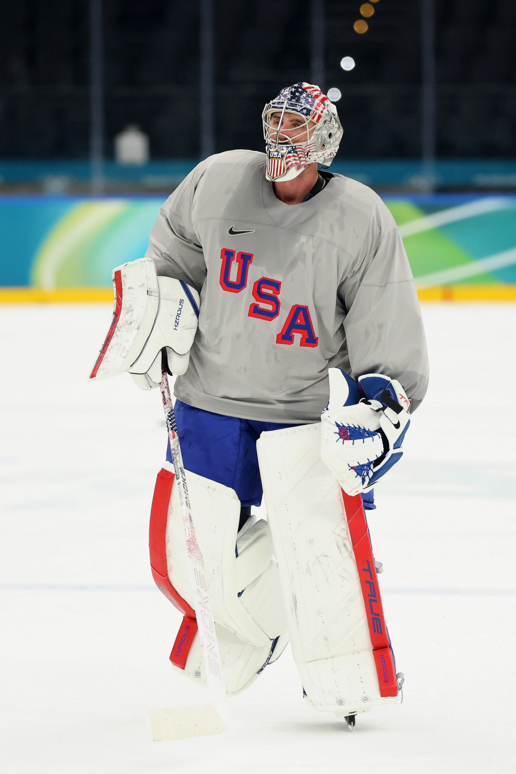 Connor Hellebuyck #37 of Team United States takes part during training on day two of the Milano Cortina 2026 Winter Olympic games at Milano Santagiulia Ice Hockey Arena on February 08, 2026 in Milan, Italy.