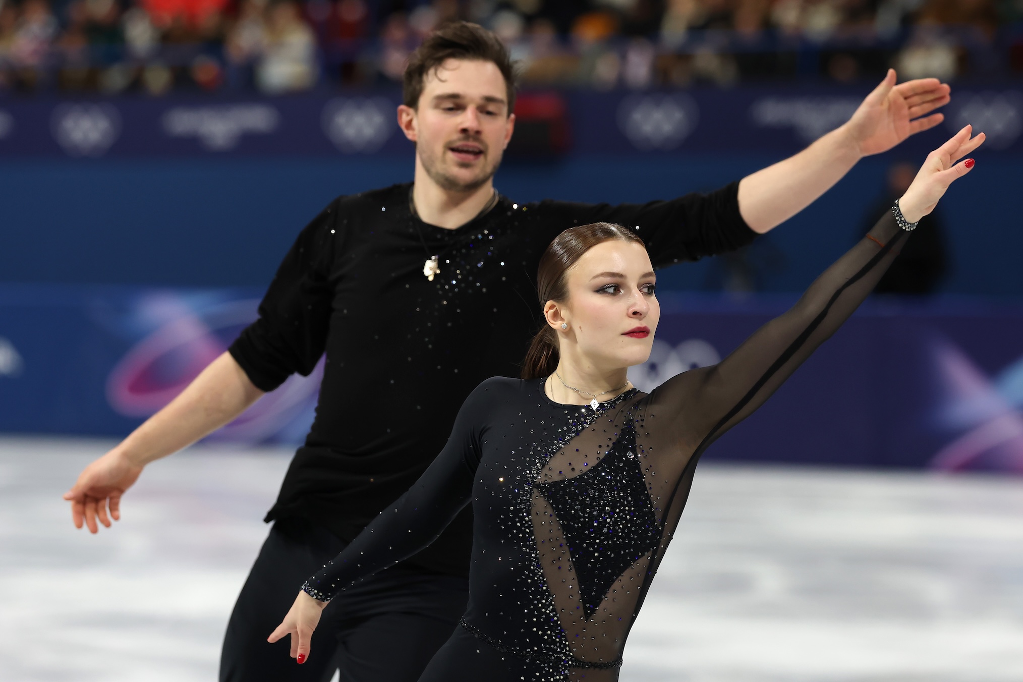 Daria Danilova and partner Michel Tsiba of Team Netherlands compete in Pair Skating - Short Program on day nine of the Milano Cortina 2026 Winter Olympic games at Milano Ice Skating Arena on February 15, 2026 in Milan, Italy.